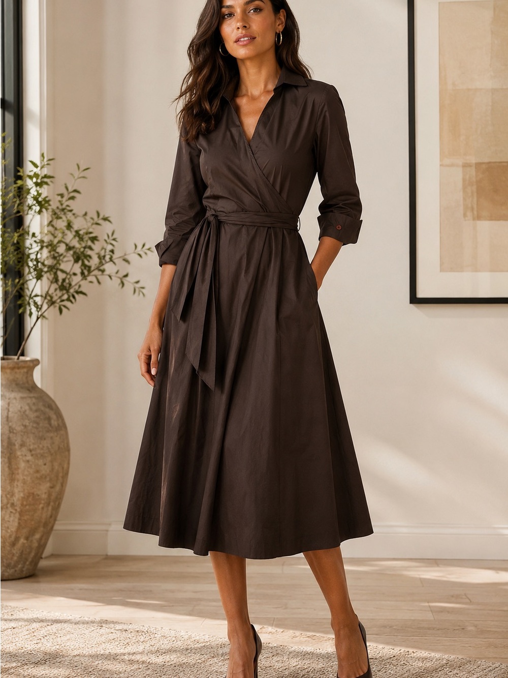 🤎MAKE OFFER🤎 NWT Boston Proper Dark Brown Midi Wrap Shirt Cotton Dress Sz 6